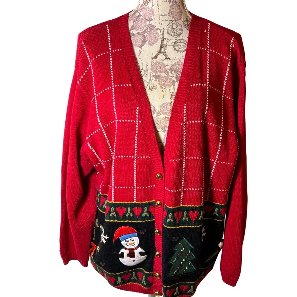 Vintage Cottagecore Red Christmas Snowman Tree Sweater‎ Women 14/16 Cardigan